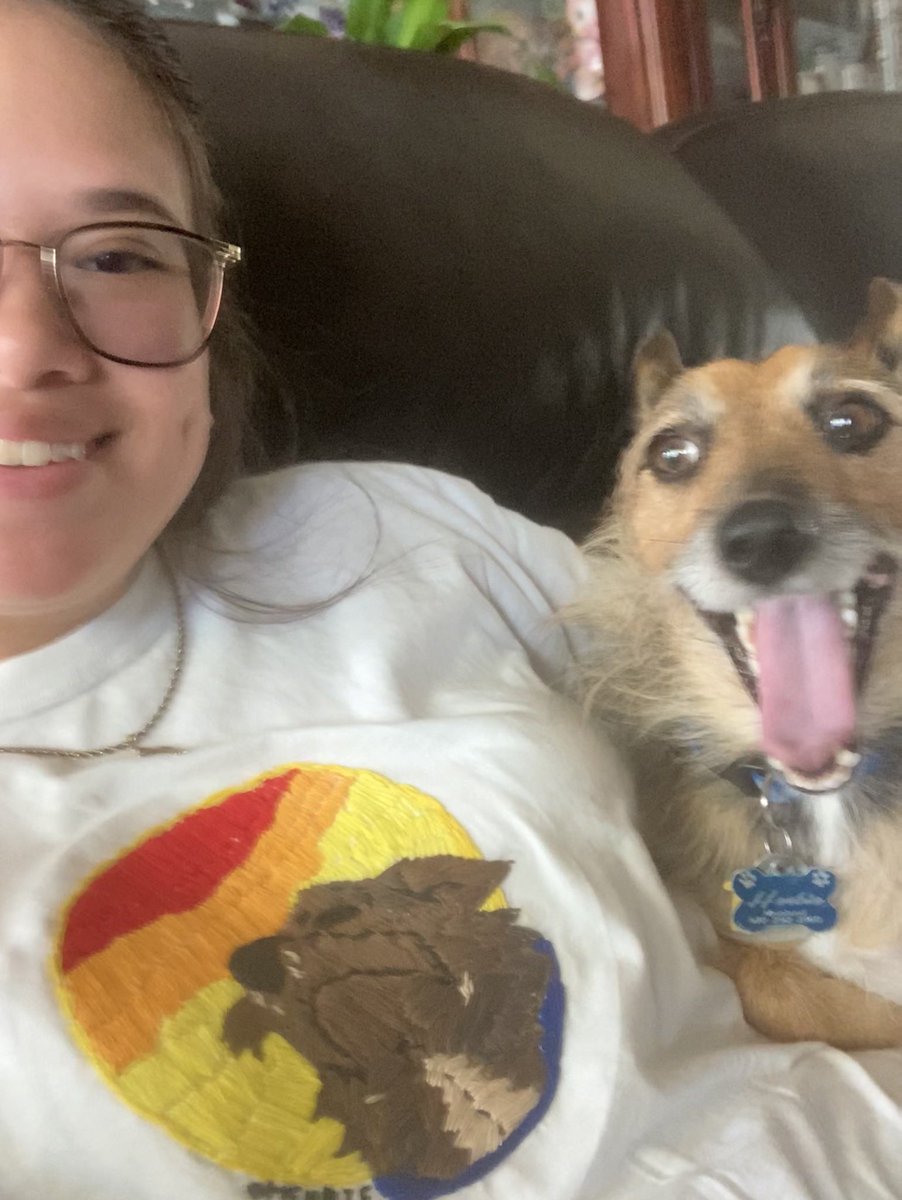 HerbieMooland's tweet photo. Mom got to wear the new shirt she made with me on it! 👚🧵🐶💕 #dogart #dogshirt #dogembroidery #embroidery #happydoggo #homemade #homemadedogmerch #dogsoftwitter https://t.co/nn0QGaMMRD