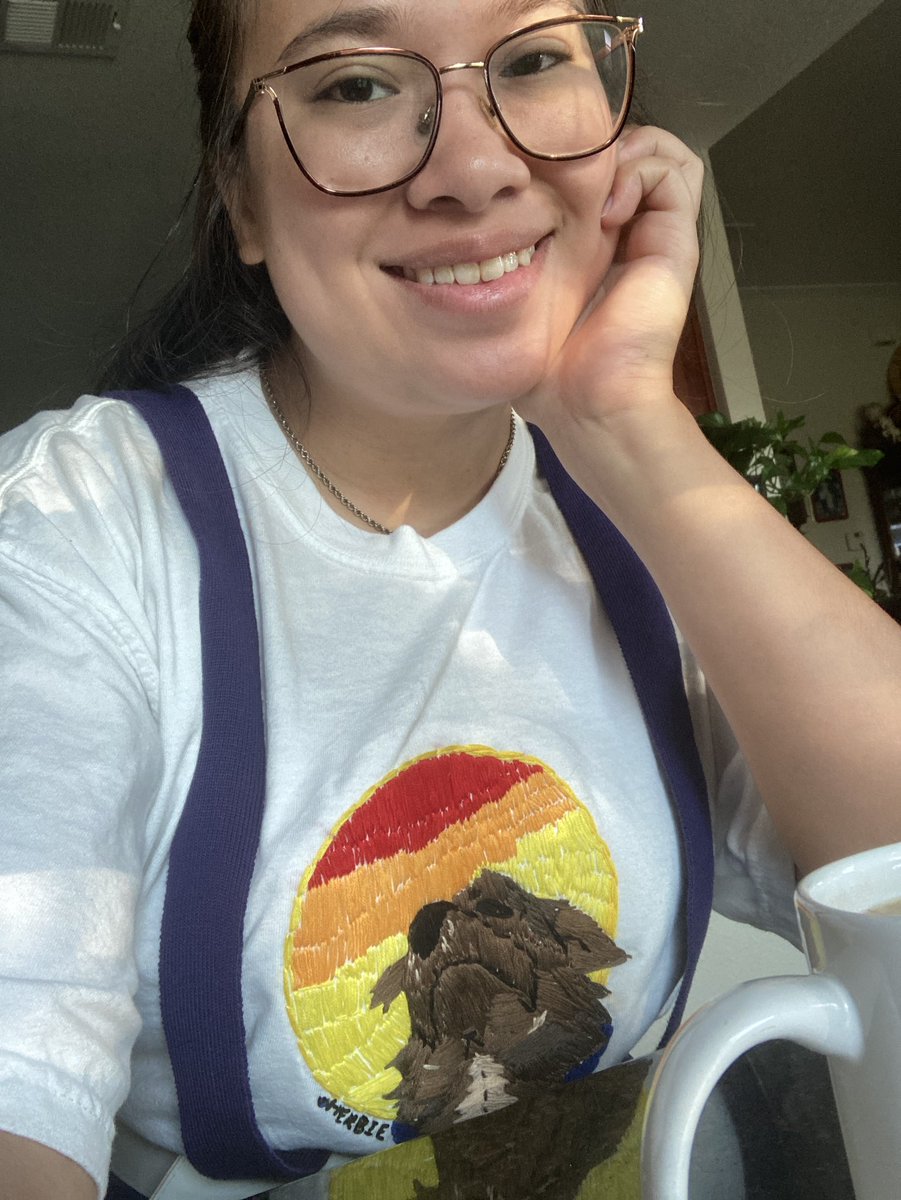 HerbieMooland's tweet photo. Mom got to wear the new shirt she made with me on it! 👚🧵🐶💕 #dogart #dogshirt #dogembroidery #embroidery #happydoggo #homemade #homemadedogmerch #dogsoftwitter https://t.co/nn0QGaMMRD