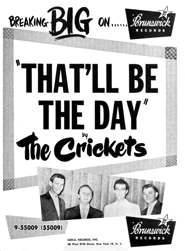 Brunswick Records ad promoting <a href="/buddyholly/">Buddy Holly</a>'s first hit "That'll Be The Day" released this week in 1957. Red Robinson's Legends interview with Buddy at <a href="/spotifypodcasts/">Spotify Podcasts 🎙</a>: spoti.fi/2TOzLiC <a href="/buddyholly/">Buddy Holly</a> <a href="/tbhef/">Buddy Holly Official</a> @BuddyHollyCtr