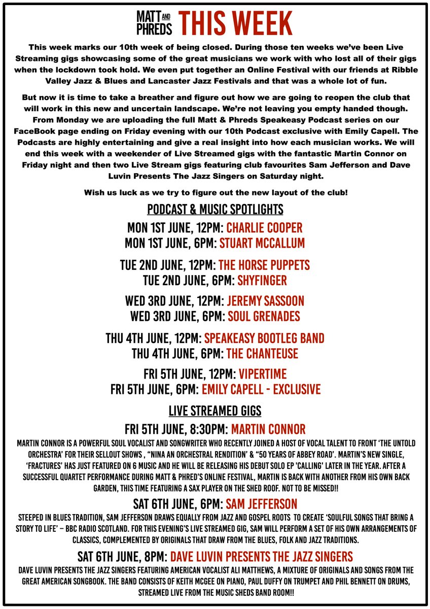 Here's an update from M&amp;P's and what's lined up this coming week. We're putting particular emphasis on M&amp;P #Podcast 'Speak Easy' and the #musicians which it features.

Then, we're ending the week properly with a #LiveStream Gig Weekender!

Tune in through M&amp;P Facebook.
#LiveMusic