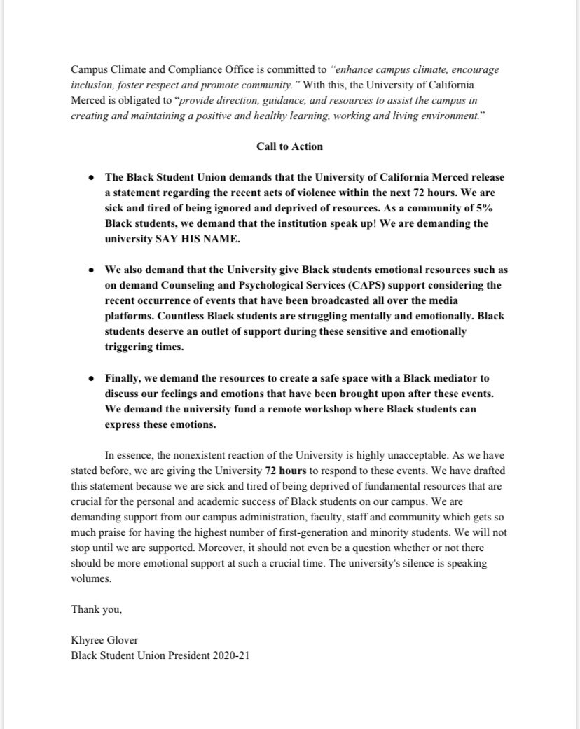 UCMercedBSU's tweet photo. The University of California Merced Black Student Unions Call to Action Statement, 2020.  @ucmerced We demand a response in the next 72 hours. SAY HIS NAME. https://t.co/EiZfxvwMyr