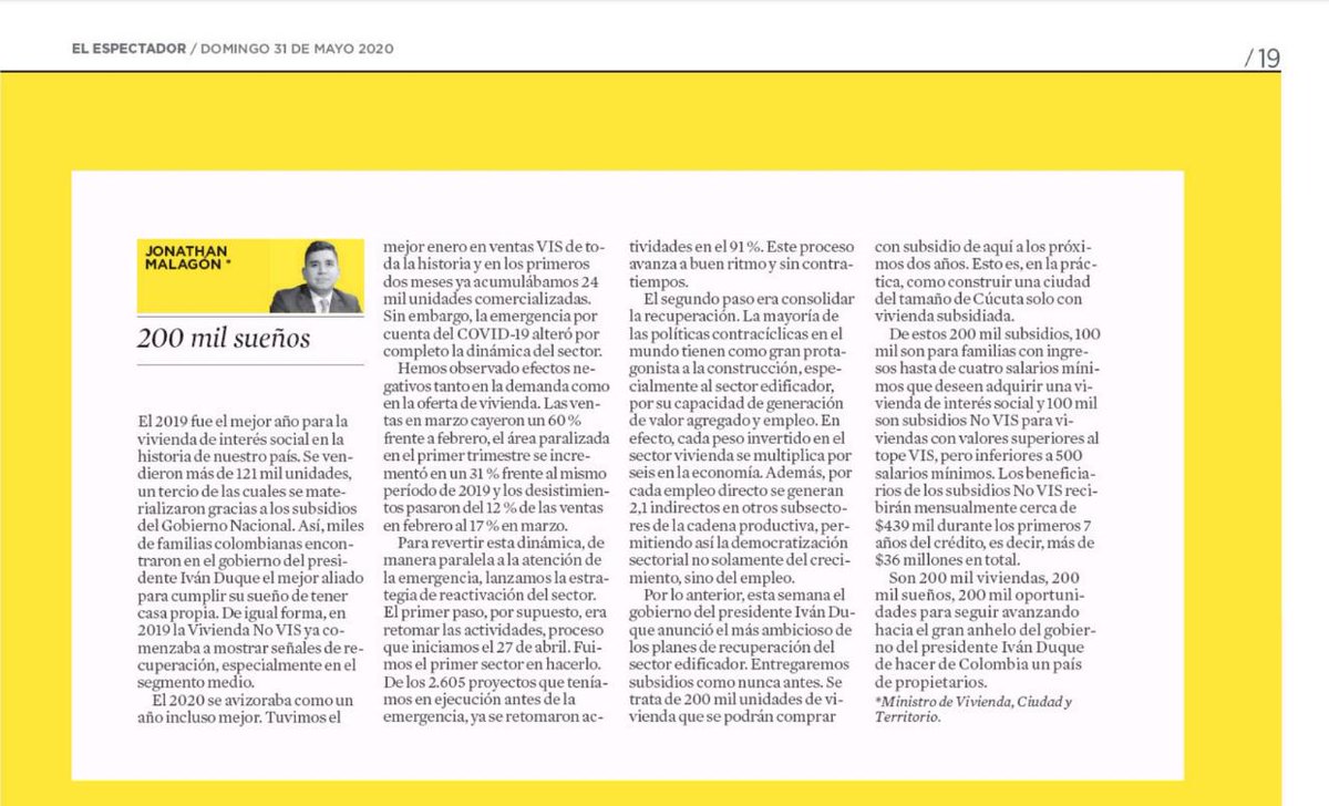 JoMalagon's tweet photo. #EnMedios | '200 mil sueños', así se titula mi columna de hoy en @elespectador, en la que explico la nueva iniciativa del Gobierno Nacional para hacer de Colombia #UnPaísDePropietarios. https://t.co/AIwUkifp2h
