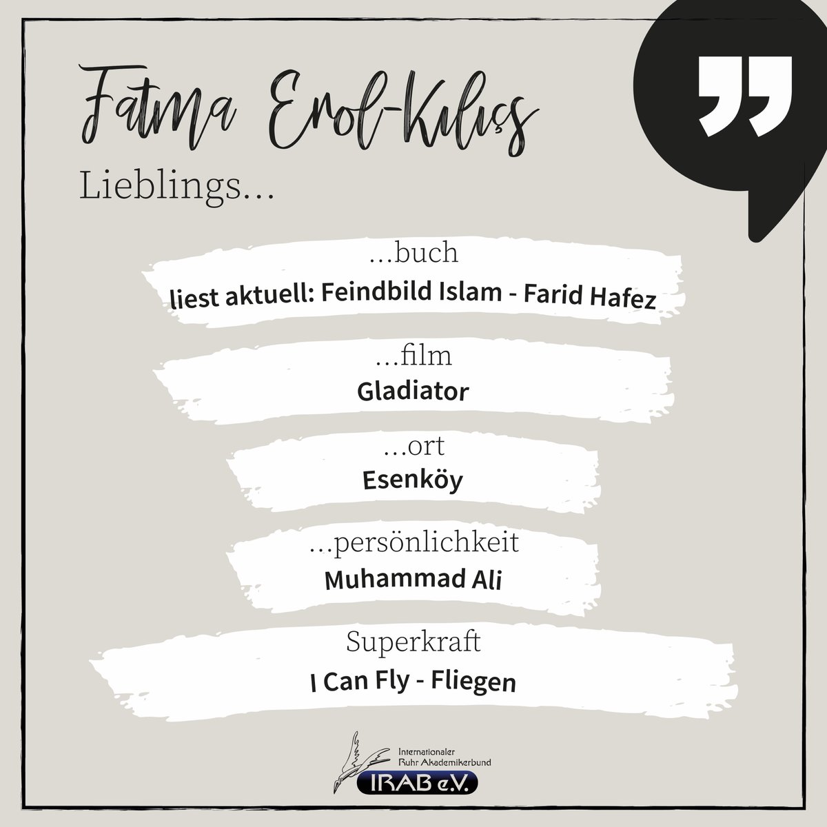 IRAB_eV's tweet photo. Das letzte „Auf ein Wort“ - Livestream verpasst? 
Hier sind Fatma Erol-Kılıçs fünf schnelle Antworten auf fünf Fragen.
Wer wird unser nächster Gast sein? 
Das erfährt Ihr bald!

#auf #ein #Wort #livestream #5Fragen #5Antworten #irabev https://t.co/hMCAwVDdLq