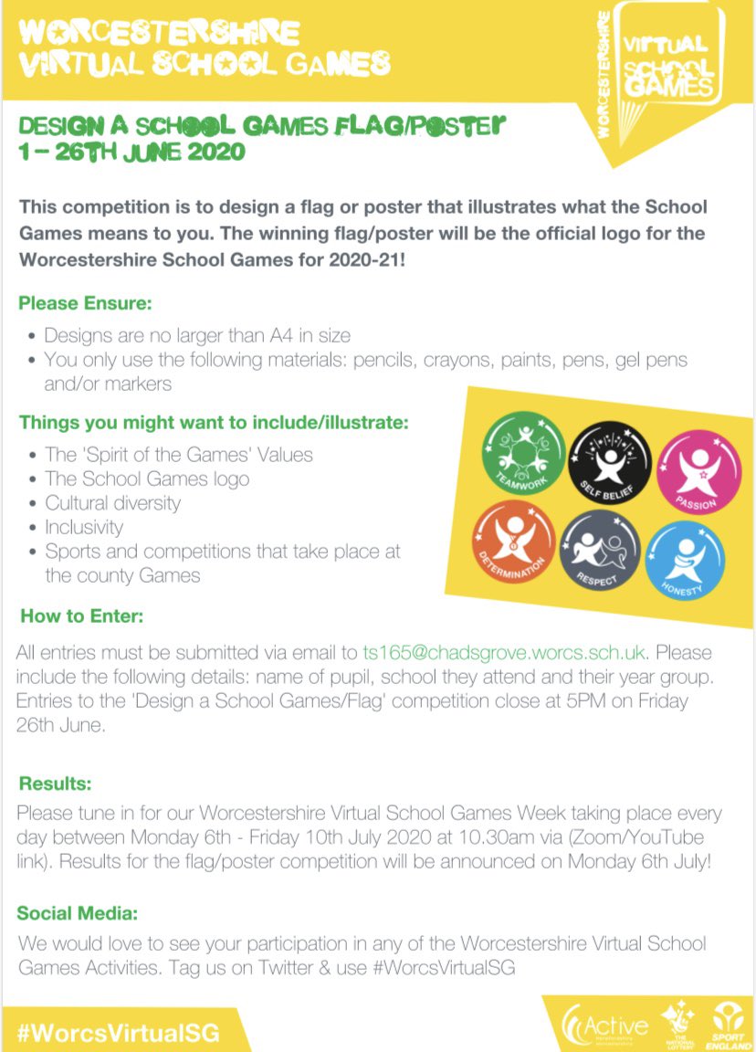 ArrowValePE's tweet photo. Worcestershire Virtual School Games #WorcsVirtualSG Competition #1
Let’s get creative...Design a Flag/Poster...see all details on the photo.
Competition runs from 1st-26th June...no excuses!Certificates,house points & prizes up for grabs! #CmonAV #AVPE @ActiveHW @RSA_ArrowVale https://t.co/SPmbCuTgvq