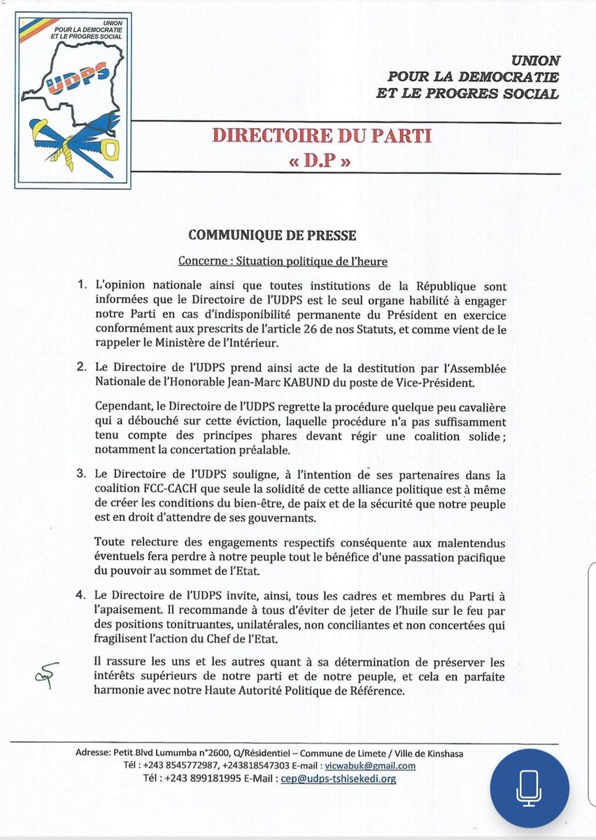 shabani_lukoo's tweet photo. COMMUNIQUÉ DU DIRECTOIRE DE L'UDPS https://t.co/6NEaJgiPDB