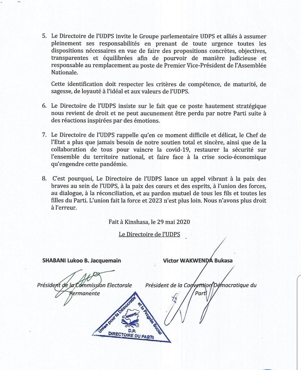 shabani_lukoo's tweet photo. COMMUNIQUÉ DU DIRECTOIRE DE L'UDPS https://t.co/6NEaJgiPDB