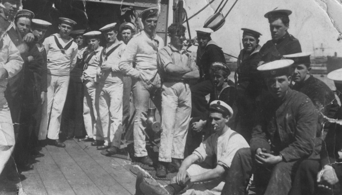 Thinking of my grandfather today. Alfred William Chambers AB who served on HMS Tiger during Jutland. He is 7th left. This photo was taken on HMS Castor after the war.