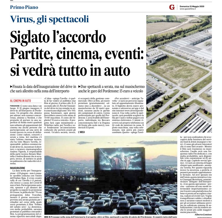 GibelliTiziana's tweet photo. Grazie a #MauroTavella e a #GiuseppeBortolussi di #InterportoPN per #DriveIn . Cinema, partite e speriamo anche spettacoli di prosa e concerti di #CulturaSportFVG. Nel #DriveIn in 🚗 🚙 #FVGriparte @regioneFVGit @FVGlive @anci_fvg @comunepordenone https://t.co/28ojQtwpxu