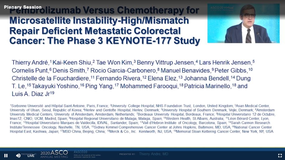 LBA4  @ASCO  #ASCO20 plenary session: Thierry Andre presents the results of KEYNOTE-177 (Pembro vs. CTX) in MSI/dMMR  #crcsm : Doubling of PFS w. Prembro (. vs . months - HR 0.60). Median DOR was not reached () in the Pembro group (vs. 10.6 months).  @OncoAlert 