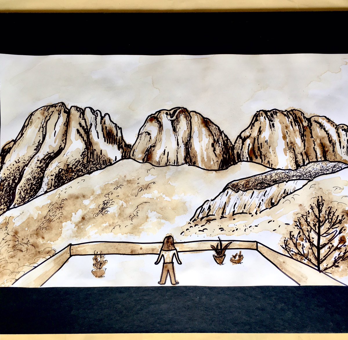 cary_krista's tweet photo. Value landscape lesson using coffee, tea, or dirt. Many Ss don’t have paint at home, so they loved making their own paint! My adaption from #artclasscurator for #artdistancelearning #ASFMDistanceLearning #elementaryart https://t.co/X2C4ZsjcB6