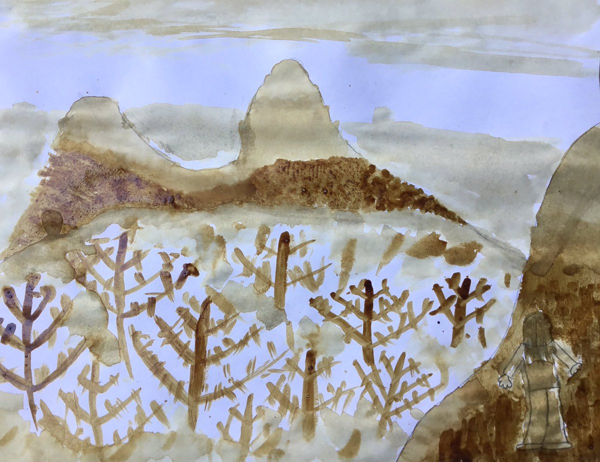 cary_krista's tweet photo. Value landscape lesson using coffee, tea, or dirt. Many Ss don’t have paint at home, so they loved making their own paint! My adaption from #artclasscurator for #artdistancelearning #ASFMDistanceLearning #elementaryart https://t.co/X2C4ZsjcB6
