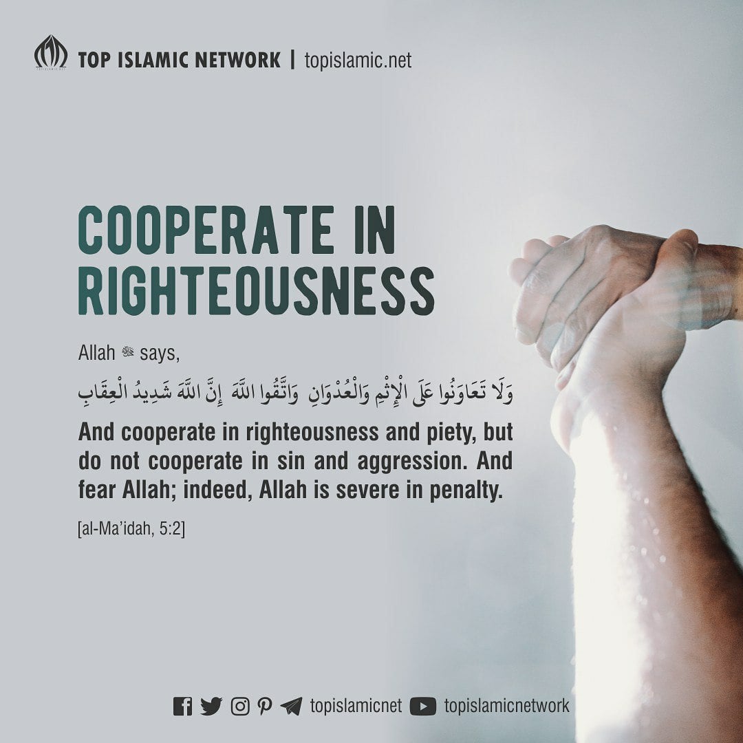 topislamicnet's tweet photo. (1/2)
•┈┈┈•◈◉◉◈•┈┈┈•
Cooperate in Righteousness

Allah ﷻ says:
❝And cooperate in righteousness and piety, but do not cooperate in sin and aggression. And fear Allah; indeed, Allah is severe in penalty.❞
[Al-Ma'idah, 5:2]

#topislamic #quran #Allah #alMaidah ... https://t.co/K90vYduJYS