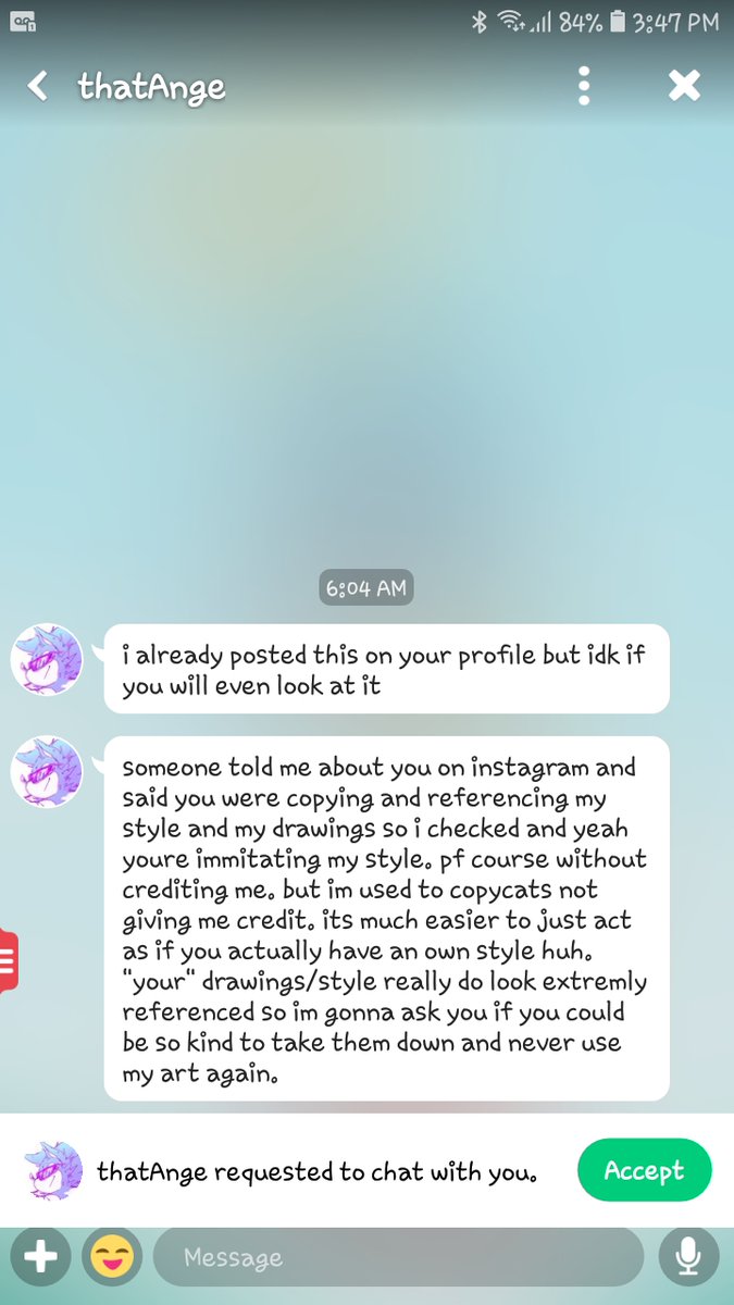 Her first interaction with me back on Amino. This was probably June/July 2019. She says that she was "nice" at first in her first call-out post about me (we'll get to that). Yeah, that was a fucking lie.