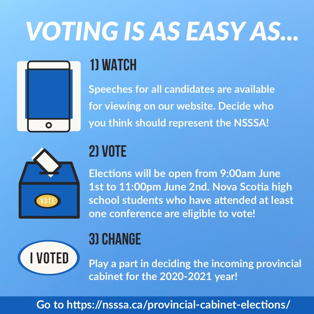 NSSSA's tweet image. Voting is open from 9:00AM JUNE 1ST to 11:00PM JUNE 2ND! Go to our website under the Provincial Cabinet Elections tab to find a list of candidates and their speeches! 🗳 🎉