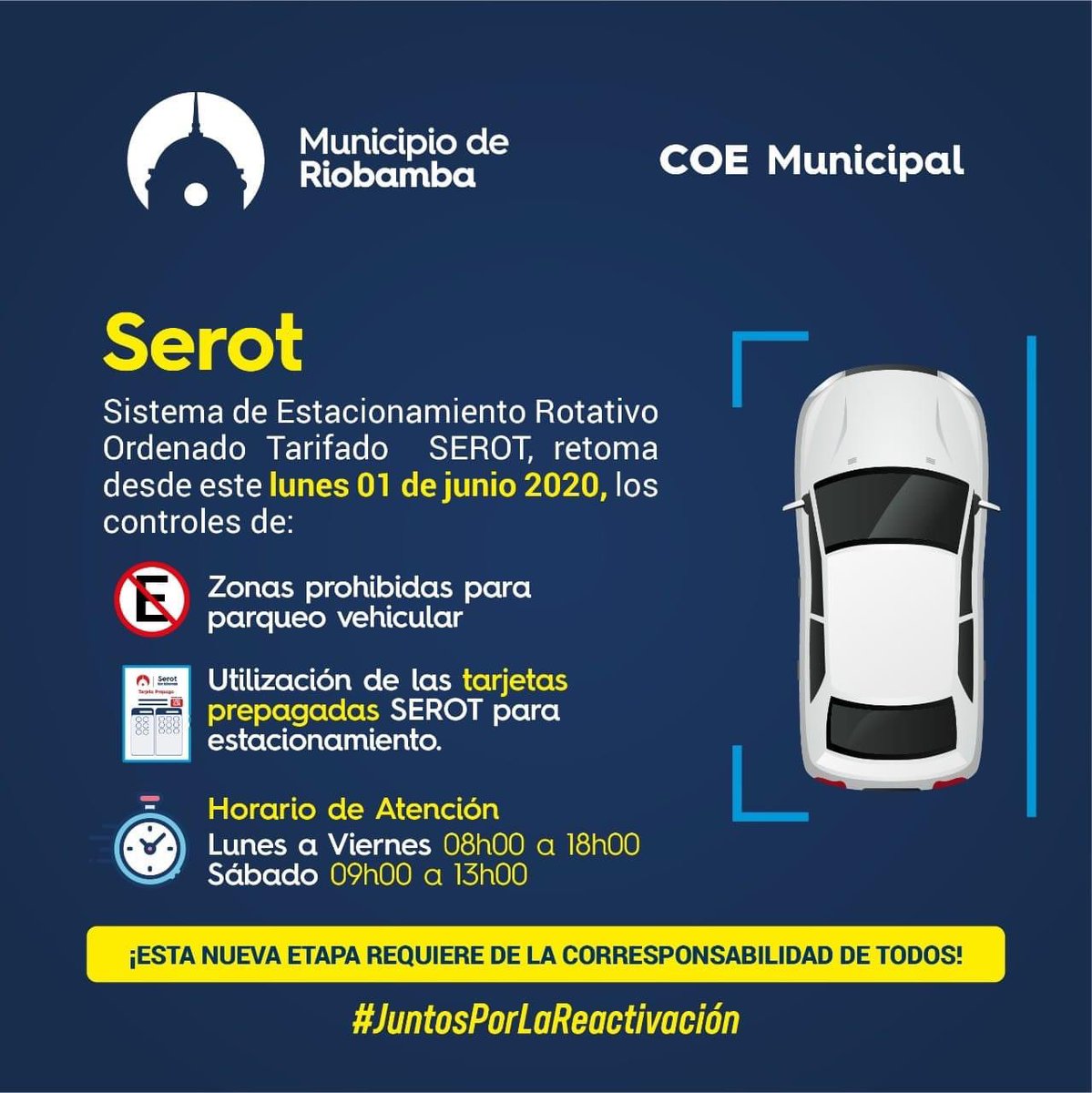 MuniRiobamba's tweet photo. A partir del #1Jun en semáforo amarillo, el Sistema de Estacionamiento Rotativo Ordenado Tarifado #SEROT, retoma los controles de:
❗️Lunes a Viernes 08h00 a 18h00.
❗️Sábado 09h00 a 13h00.
#JuntosNosReactivamos
Más información: https://t.co/eIVKiAU5SP https://t.co/9ayXU4vPqd