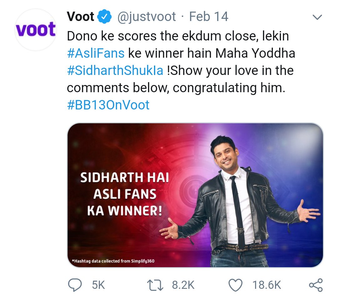 You beat your rivals & emerged the winner of  #AsliFans ! More than 1.47 million tweets by  #SidharthKeAsliFans ! Your Win, Our Pride !  @sidharth_shukla  #AllHeartsWithSidharth