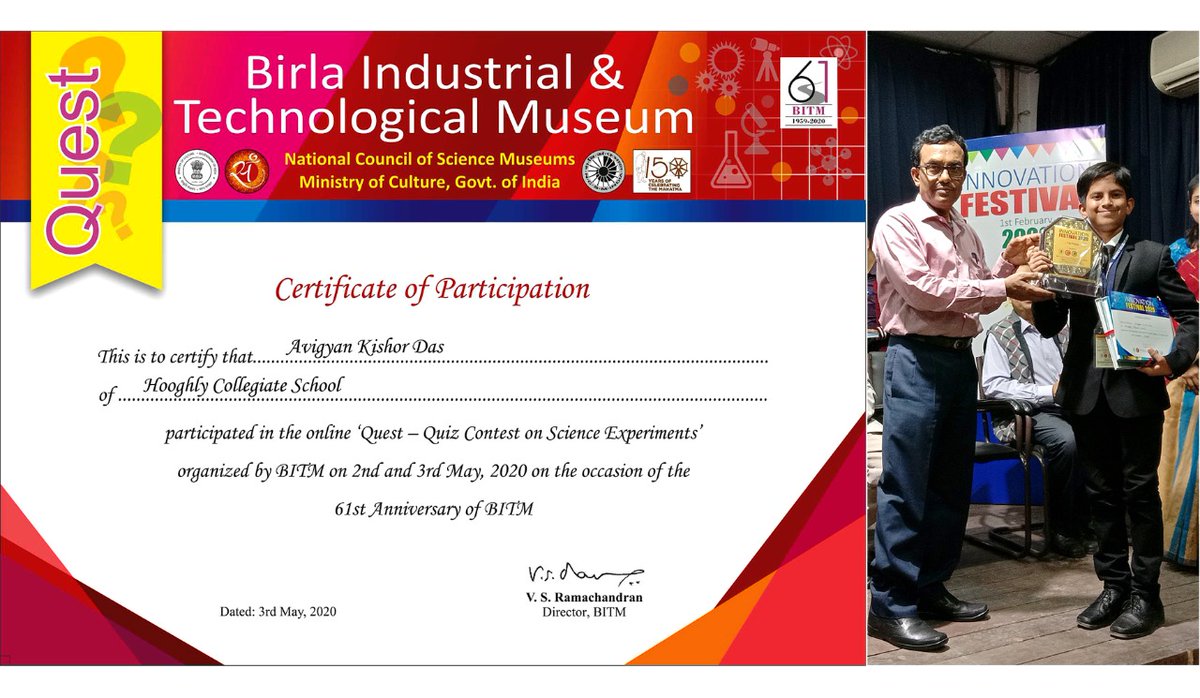 avigyankishor's tweet image. I got this beautiful participation certificate from the @BITMKolkata, @ncsmgoi, @MinOfCultureGoI for online #Quest competition on the science experiments. #Tinkerfromhome, @AIMtoInnovate @PrashantMKakde2 @anindya_kishor
