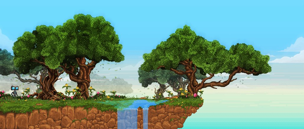 Working on a new project and style of pixel art! Everything is built out of modular assets to allow for seamless level building. (Sky and clouds are placeholder) #IndieGameDev #pixelart #Unity #art  #screenshotsunday