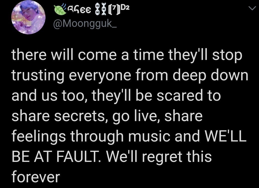 Clarification -“there will be time bts will stop trusting us” is just an context because they see us as army's.. Be it solo or ot7, they see us as a whole.. many people twist their words and that makes it an issue.. They trust us. That's all i meant