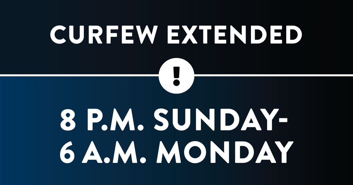 MnDPS_DPS's tweet photo. CURFEW EXTENDED. A temporary curfew will start at 8 p.m. No one may travel on Minneapolis and St. Paul streets except for first responders, media, people going to & from work, individuals seeking emergency care or fleeing danger, & people experiencing homelessness. #MACCMN https://t.co/lhwhbNjlA0