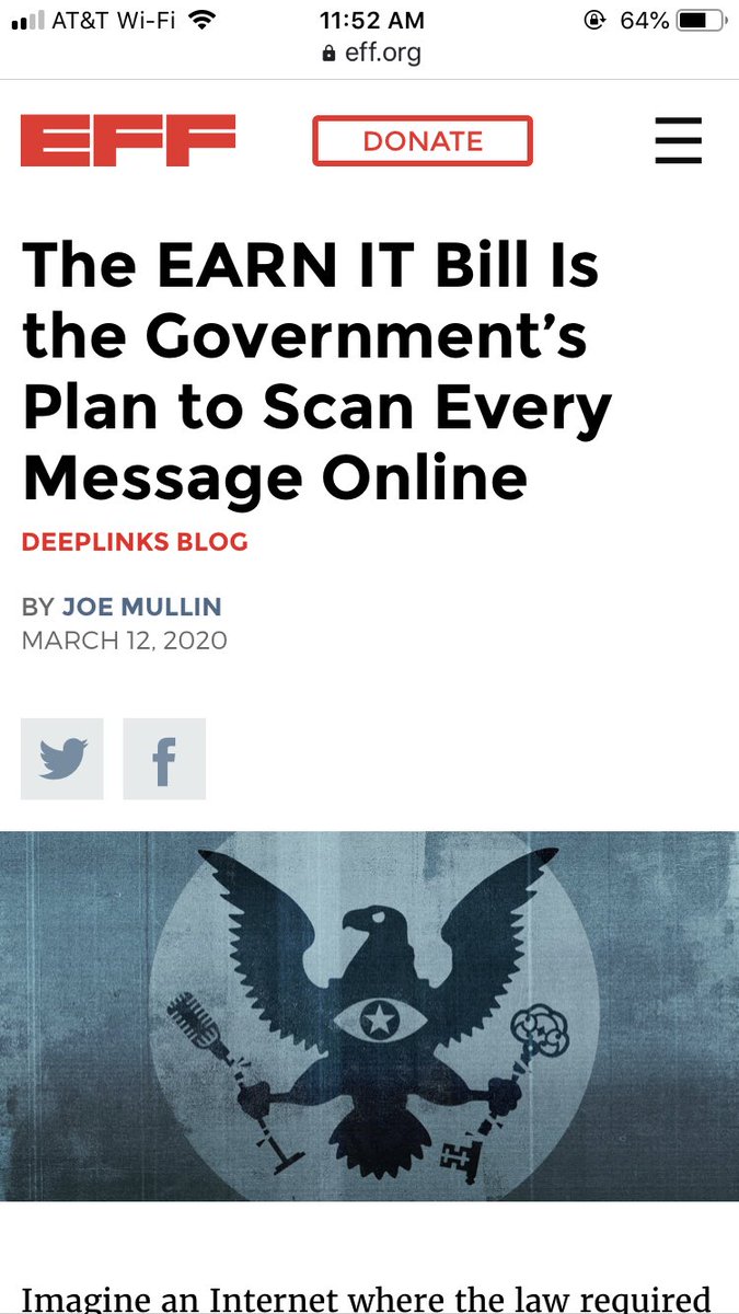 ATTENTION: The government is passing a bill to limit internet free speech. Everything on twitter and social will be banned if the government does not like it. It’s is going to trumps executive order. SHARE THIS, This is Unconstitutional. It is callled the Earn It Bill