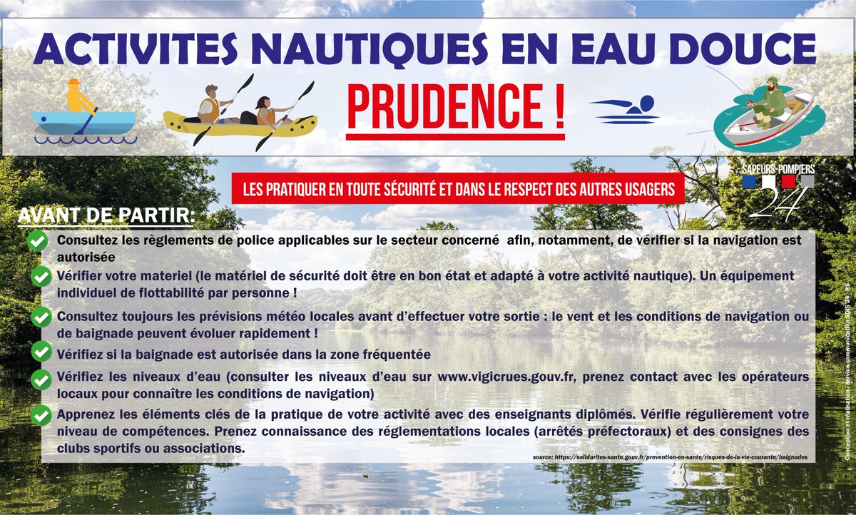 pompiers24's tweet photo. ⚠️PRUDENCE ! Pour pratiquer les activités nautiques 🛶🛥️ en toute sécurité ➡️ respectez les consignes, renseignez-vous avant de partir et adoptez les bons comportements comme celui DE PORTER UN GILET DE SAUVETAGE ! https://t.co/jUJm6dwc6e