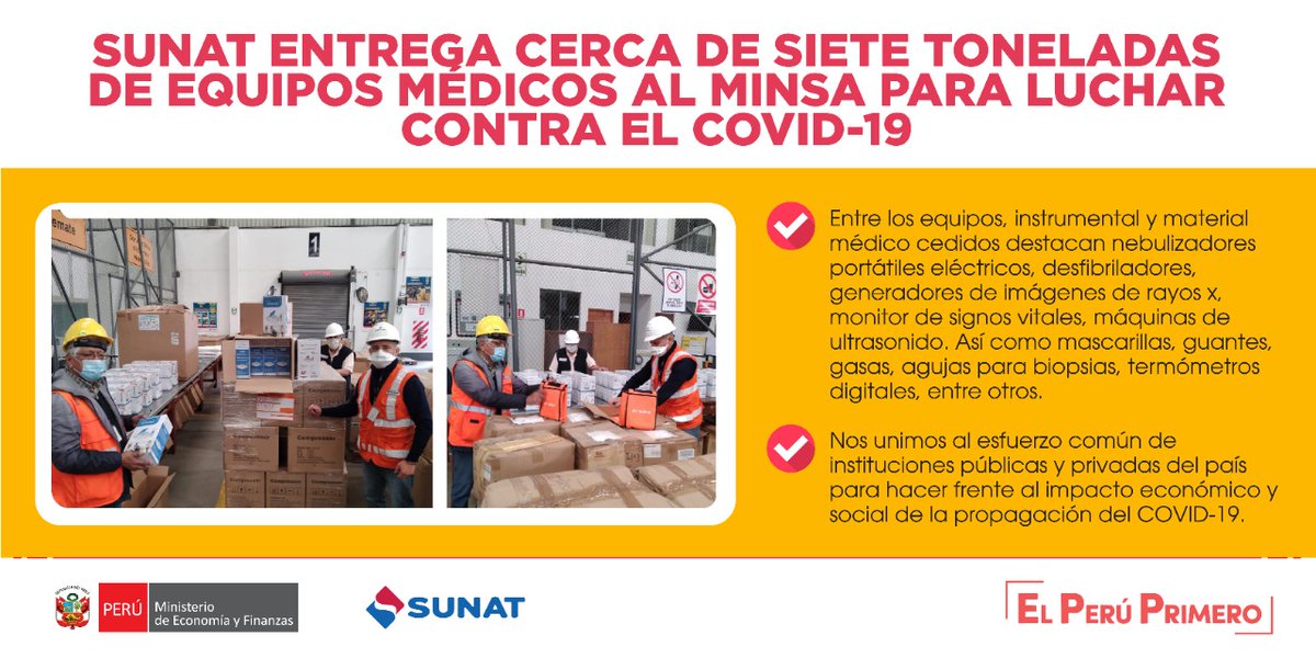 SUNATOficial's tweet photo. 📰 La #Sunat entrega cerca de siete toneladas de bienes al @Minsa_Peru para lucha contra el COVID-19

✔️ Para la atención de pacientes y mejora en los servicios de hospitales de nuestro país.

La nota completa en🖱️ https://t.co/9qperlGYHg https://t.co/eIIL8G1UNc