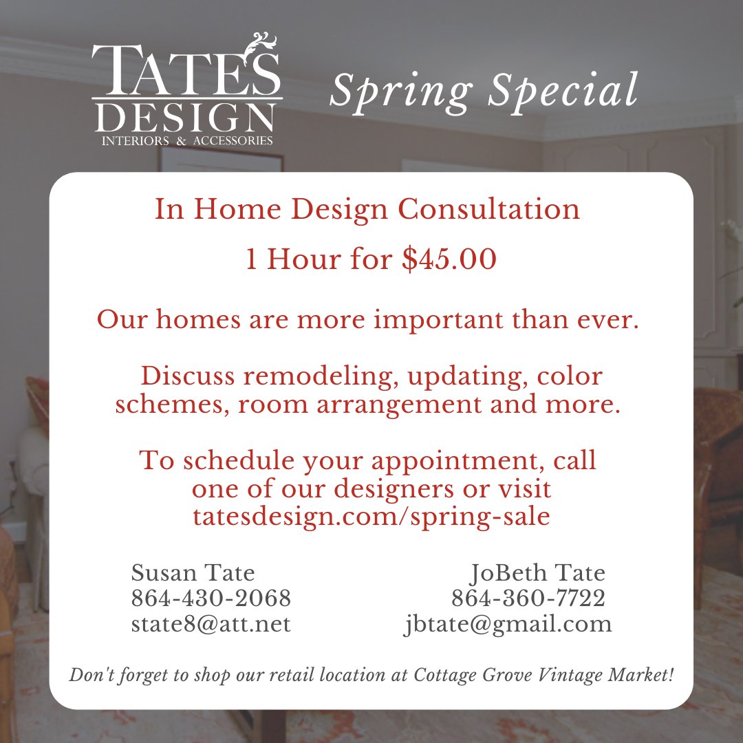 TatesDesign's tweet image. Visit our retail location @cottagegrovevintage for all your home decor needs, and visit tatesdesign.com/spring-sale for more information on our spring sale! Our experienced designers can help you create the home you've always dreamed of, so you do not want to miss out on this sale!