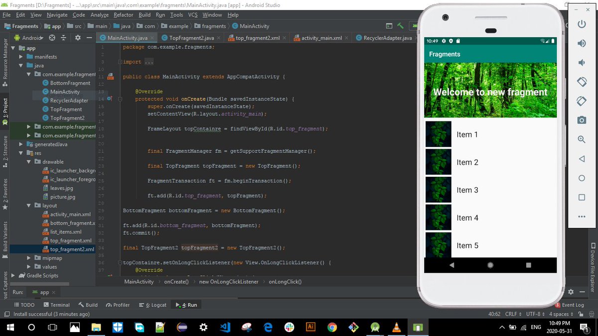 SameeraJamshidi's tweet photo. Learning also continues during #COVID19 in #Android class at #Online course.
we worked with types of #Fragment(Static & Dynamic)
and used from #FragmentTransaction to add, remove and replace of fragment into the layout.
#AfghanGirlsCode
@CodeToInspire https://t.co/bKu7I888XN