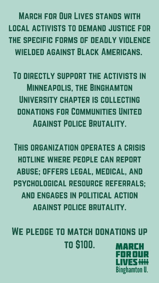 MFOLBinghamton's tweet photo. MFOL stands with @CUAPBMpls to demand justice for deadly violence wielded against Black Americans by collecting and matching donations up to $100 any donations can be sent to @Devin_ on venmo to support the fight against black brutality https://t.co/sBaGqeaQJW