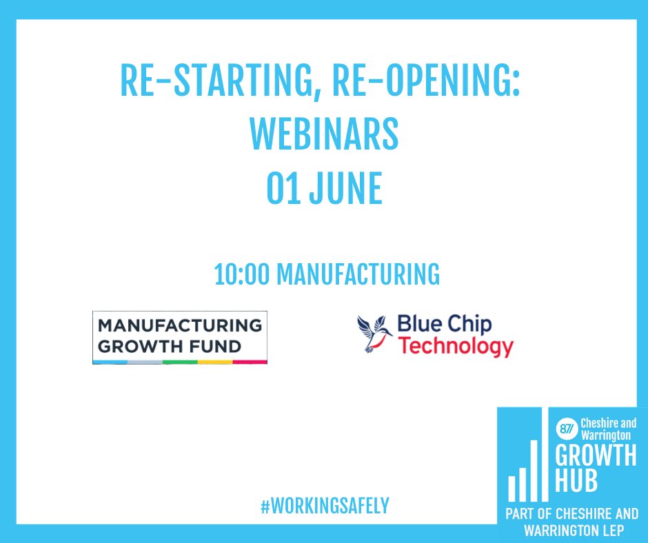 CWBizHub's tweet photo. Tomorrow we have two #workingsafely webinars.
10am is for #manufacturing companies with @growthcouk #bluechiptechnology
11:30 is for professional services and contact centre businesses with speakers from @AugereLimited @bdoaccountant @Shoosmiths
https://t.co/Y4Fpq6qdMk https://t.co/13BF4fMLjr