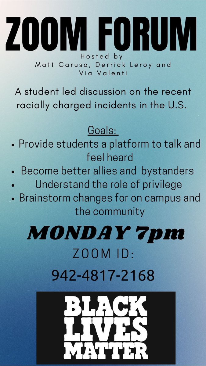 A few Bryant students are hosting a zoom forum tomorrow at 7 pm to discuss the recent racially charged incidents that have happened in the US. We encourage students to attend this forum to learn how each and everyone of us can help our fellow members of the Bryant community.
