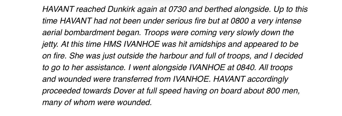80 years ago today HMS Havant was lost at sea after damage sustained during the evacuation from Dunkirk. The captain was 34. His son shared his father's account with me: