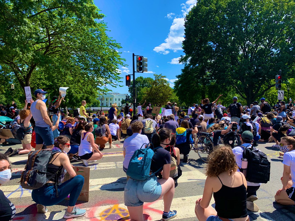 So many protests in DC right now, two just converged outside The White House. 

One chanting, “Hands Up, I can’t breathe.” 

The other kneeling in silence.