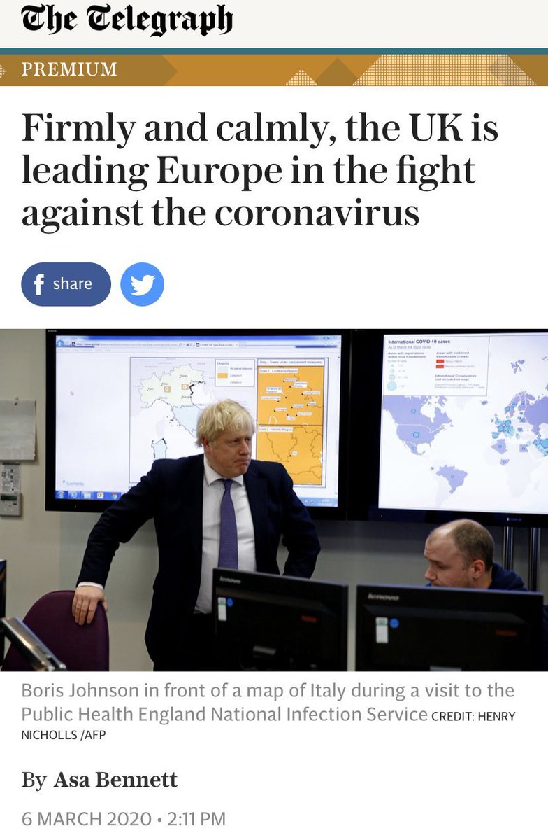 2/. A week earlier, the same paper claimed we’re leading the fight against  #coronavirus because “UK is empirically the most capable country in Europe at dealing with an epidemic.”A week later, when the govt appeared to pivot away from  #HerdImmunity, they questioned govt policy.