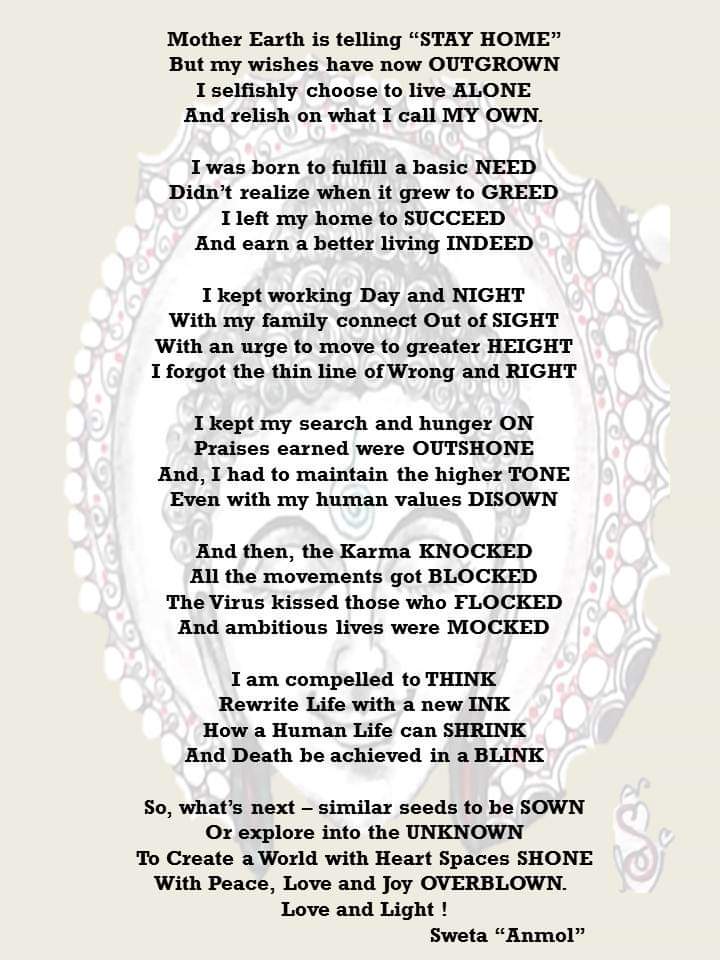 SwetaVerma24's tweet photo. My perspective on the present times in the form of a poetry๐
#stayhome #pandemic2020 #heartspace #peace #love #joy #universalprayer #gratitude #innerreflections #poetry
@deespeak Hope you like it. https://t.co/z6ovo0U6Io