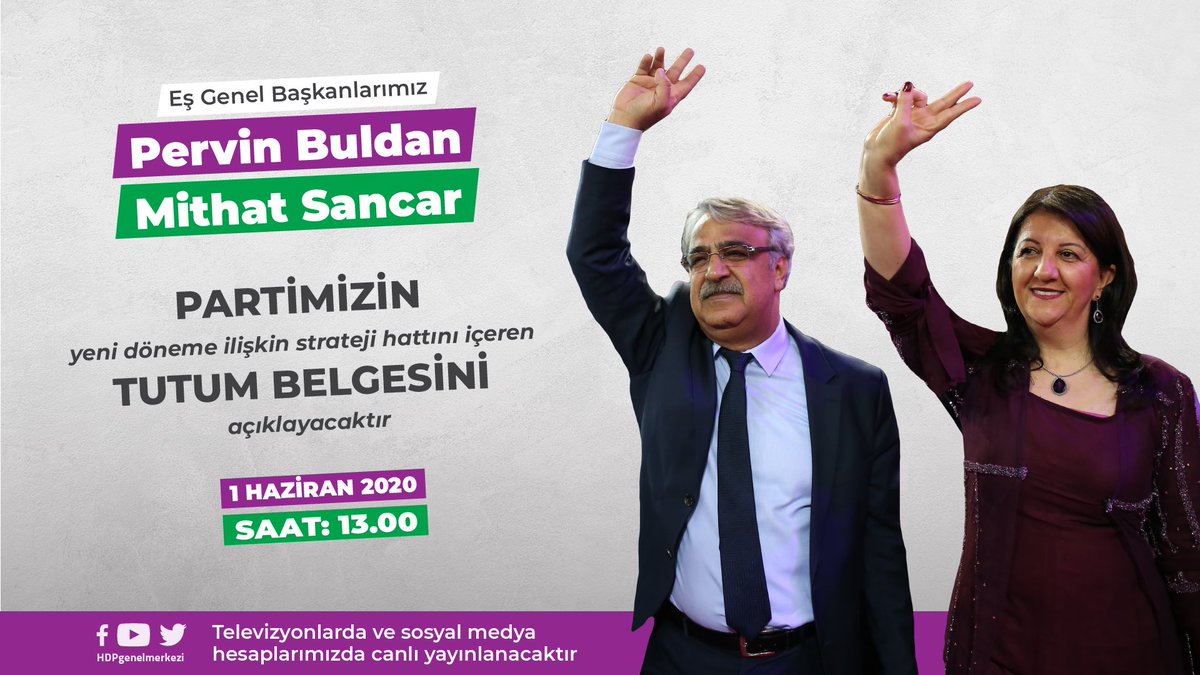 DEMGenelMerkezi's tweet photo. Eş Genel Başkanlarımız, yeni döneme ilişkin tutum belgemizi açıklıyor. 1 Haziran Pazartesi saat 13:00'te sosyal medya hesaplarımızdan izleyebilirsiniz. https://t.co/T8sFT9L6ji