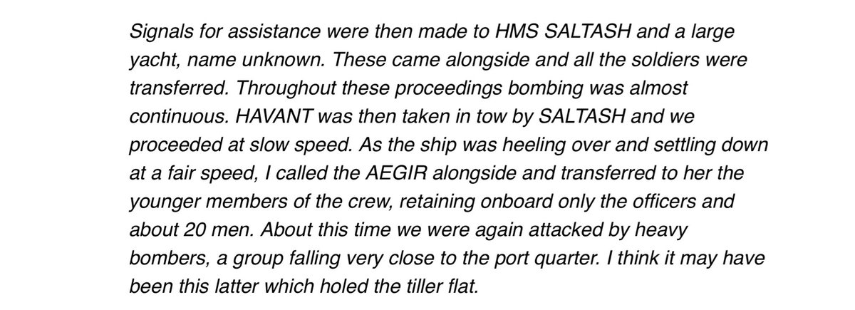 80 years ago today HMS Havant was lost at sea after damage sustained during the evacuation from Dunkirk. The captain was 34. His son shared his father's account with me: