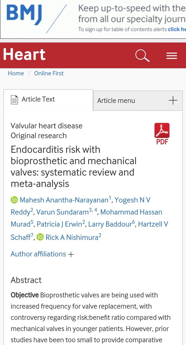  Pls read the entire thread  to  Our study with Drs Rick Nishimura, Baddour, Schaff, Murad,  @yreddyhf, @DrVarunSundaram-a Meta analysis of RCTs & prop matched  comparing BP with Mech valves found  incidence of endocarditis with BP valves  https://heart.bmj.com/content/early/2020/05/29/heartjnl-2020-316718?rss=1