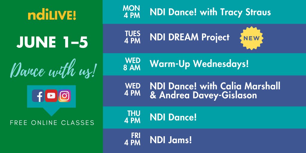NationalDance's tweet photo. Check out our #ndiLIVE! schedule for June 1-5, 2020 of FREE online dance classes. We're excited to announce our NEW series of #NDIDREAM classes on Tuesdays in June for children of all abilities and ages. For more detail, visit https://t.co/uKstC1nNSK. #KeepDancing online with us! https://t.co/ucfYG27y2l