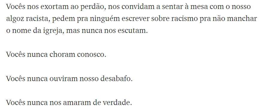 gguisandim's tweet photo. o texto da @RecilaThai representa exatamente TUDO o que eu sinto nesse momento, e isso aqui é a triste verdade de um evangelho sem corpo. #RacismoÉPecado #BlackLivesMatters https://t.co/8NSRpqtDrg