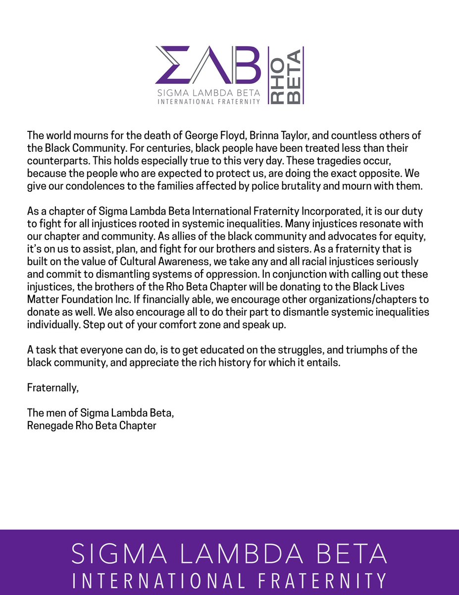 WichitaSLB's tweet photo. A statement from the brothers of the Rho Beta Chapter of Sigma Lambda Beta regarding current issues. https://t.co/CvGEgKSB72