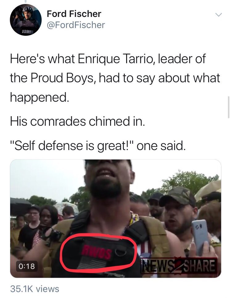 Here is Enrique Tarrio wearing a "Right Wing Death Squad" patch & Joe Biggs wearing a "I'm just here for the violence" shirt.They are both organizers for the Proud Boys.