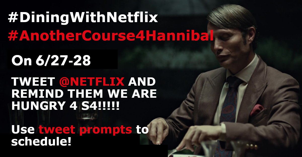 FannibalMovemnt's tweet photo. JOIN US ON THE FINAL WEEKEND IN JUNE TO TWEET #ANOTHERCOURSE4HANNIBAL IN A WEEKEND LONG TWEETATHON!!!!! 

FILL IN TWEET PROMPTS FOR SCHEDULING CAN BE FOUND HERE: https://t.co/oTLo6hrvpo
Use Tweetdeck to schedule: https://t.co/QtoBtMdN4Q
#Hannibal #Fannibals #FANNIBALSLOVENETFLIX https://t.co/MUBnJfNN8q