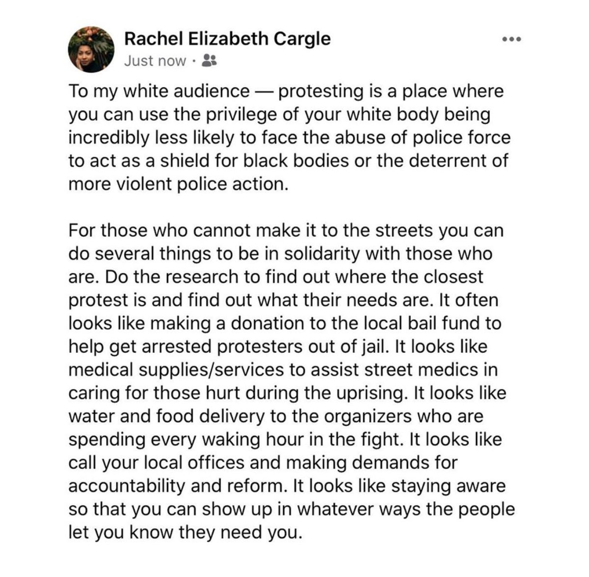 27. Make Local Change- protestors are in need of resources. If you are unable to protest right now, but have access to supplies you can donate please do that. A good place to look for what local protests/orgs you can help is facebook. Do what you can for your local community.