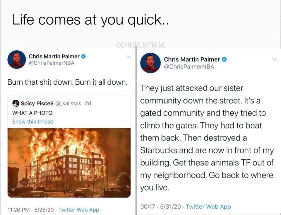 cmabrymusic's tweet photo. @ChrisPalmerNBA Wtf is this? You big dumb shit.   Tellin em to burn it down then complain when they attack your hood.   Full Fuckin Retard. https://t.co/GjnWb3SZV1