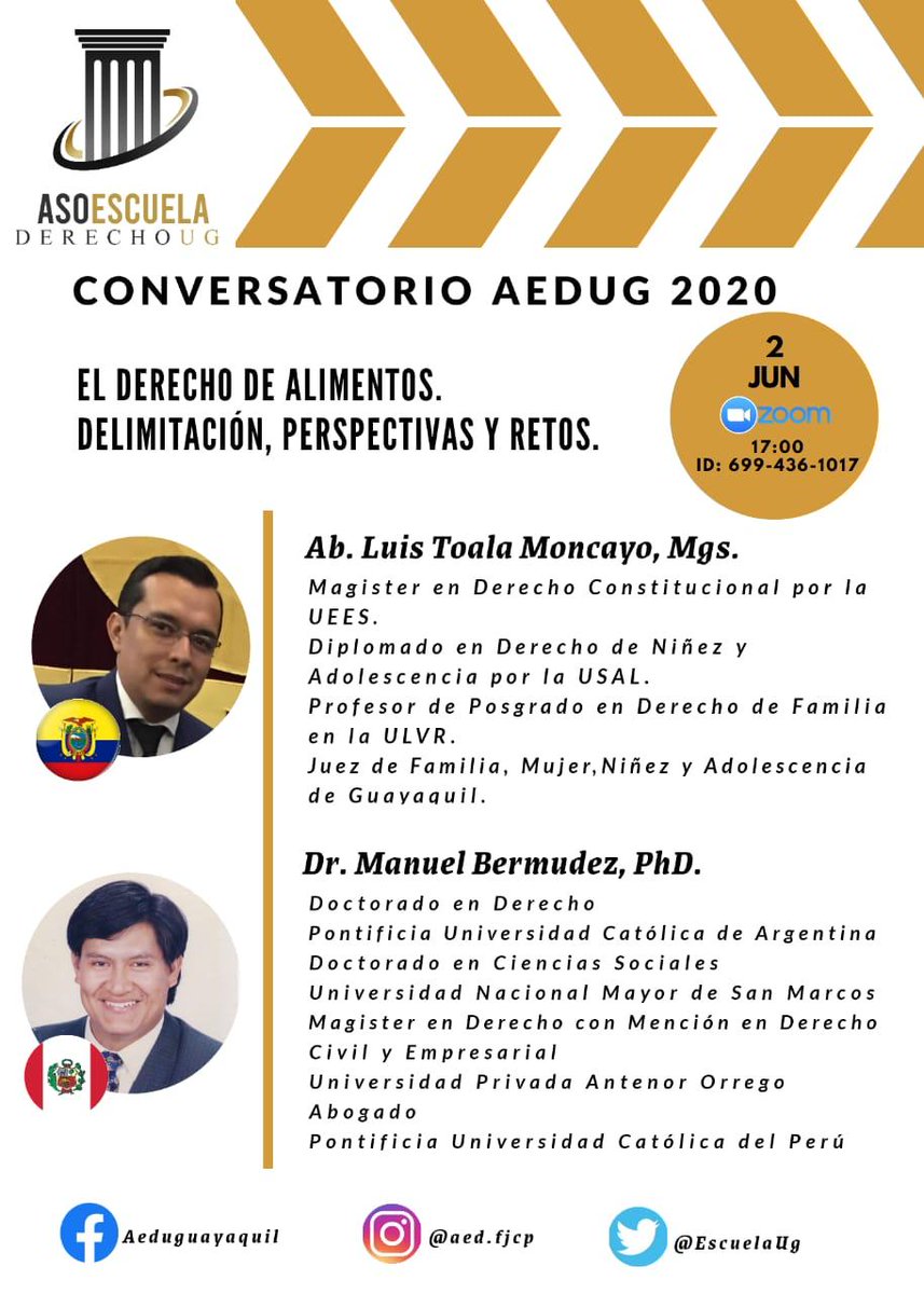 Escuelaug's tweet photo. Seguimos fomentando espacios para el análisis y la critica.

Conversatorio con: 

Ab. @Luis_Toala Luis. MgS.

Dr. Manuel Bermudez, PhD.

Con el tema:

"El Derecho de Alimentos, Delimitación, Perspectiva y Retos."

Link de Inscripción: 

https://t.co/0qBISb75Fl https://t.co/fR3KepbNRa