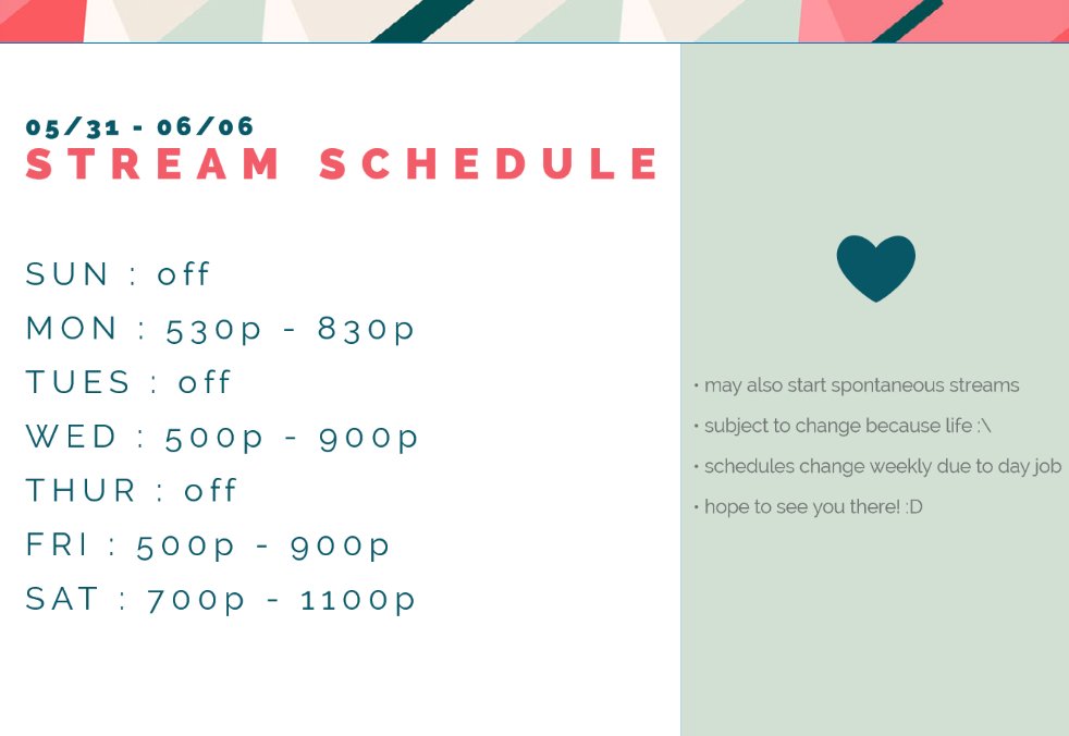itsmoozi's tweet photo. so I think I've gotten a stream schedule figured out for this week! (fingers crossed that I can make this work -- if not, I'll tweet an update) https://t.co/rlrhj9n7vN