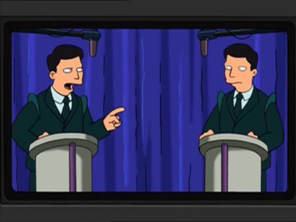 GamerKevMo's tweet image. Yo creo que una de las mejores sátiras política la hizo Futurama con los contrincantes políticos John Jackson y Jack Johnson. 

Siempre vigente.