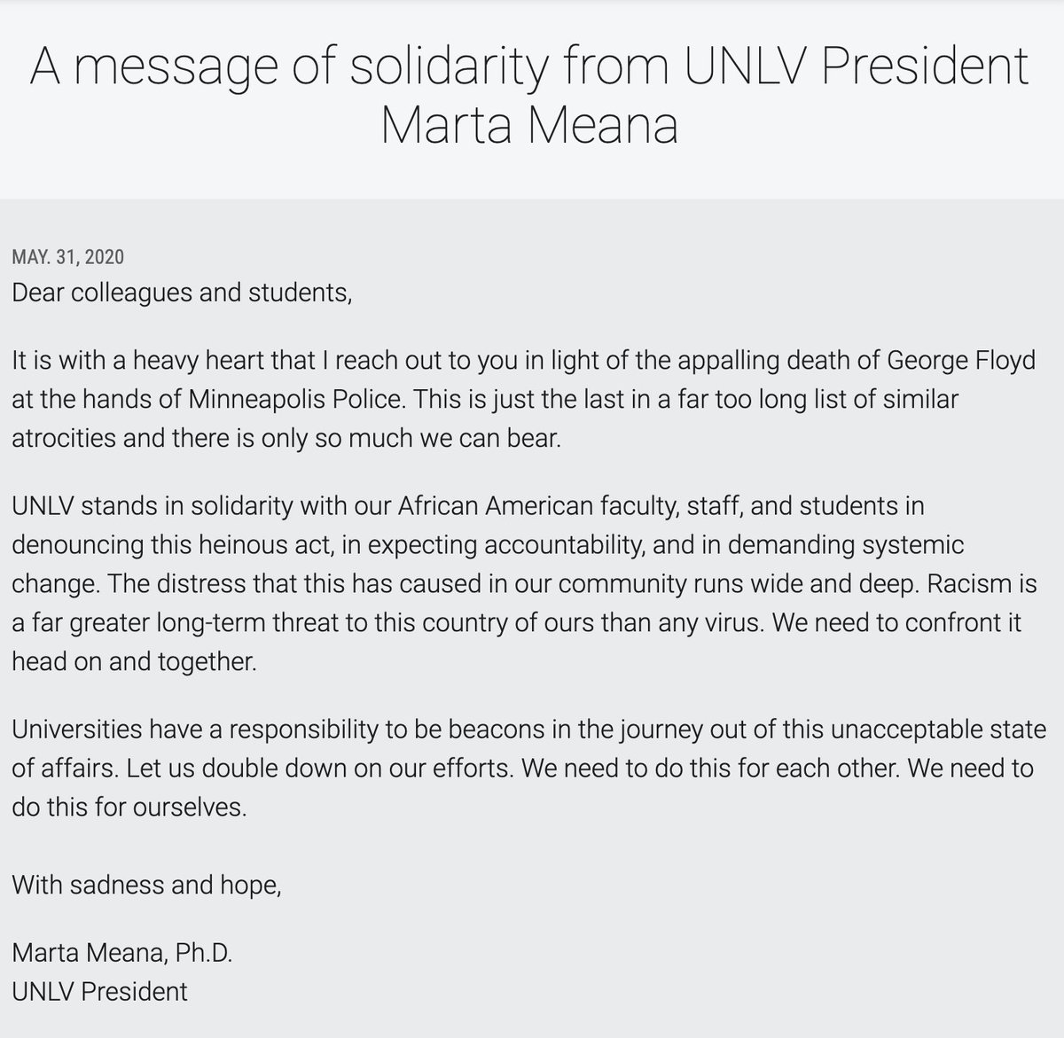 unlv's tweet photo. A message of solidarity from UNLV President Marta Meana:

https://t.co/CwjxNPyJnu https://t.co/5Jue4OHZoM